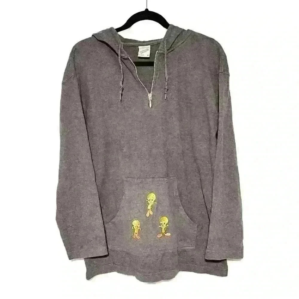 Warner Bros Tweety Bird Vintage Triple Tweety Hoodie Gray 90s Cartoon Adult M